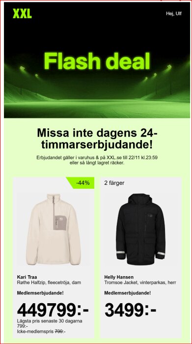 Reklamblad för XXL med erbjudande om Kari Traa fleece och Helly Hansen vinterjacka, med priser och rabatter i neongrön design.