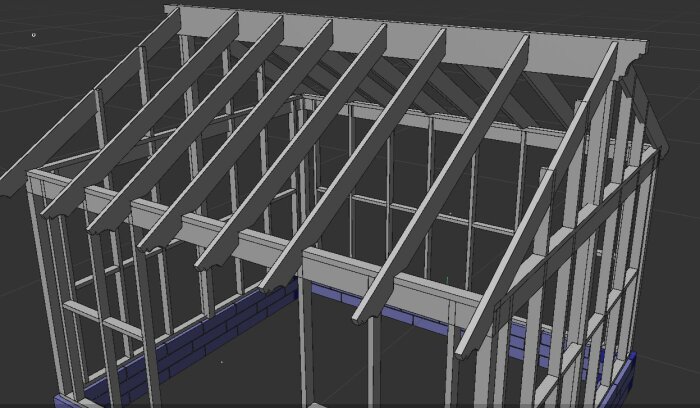 3D-modell av växthus med stomkonstruktion och bjälkar för tak, glas ska monteras överlappande med clips och växthusklämmor.