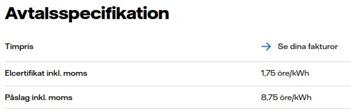 Avtalsspecifikation för timpris med elcertifikat 1,75 öre/kWh och påslag 8,75 öre/kWh inklusive moms.