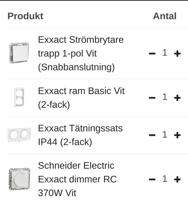 Lista med produkter för badrumsrenovering, inklusive Exxact strömbrytare, ram, tätning och Schneider dimmer, samt antal enheter av varje produkt.