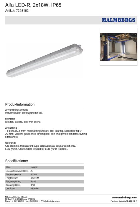 Malmbergs Alfa LED-R armatur med 2x18W, IP65, grå stomme, transparent kupa, avsedd för industriella miljöer enligt produktblad.