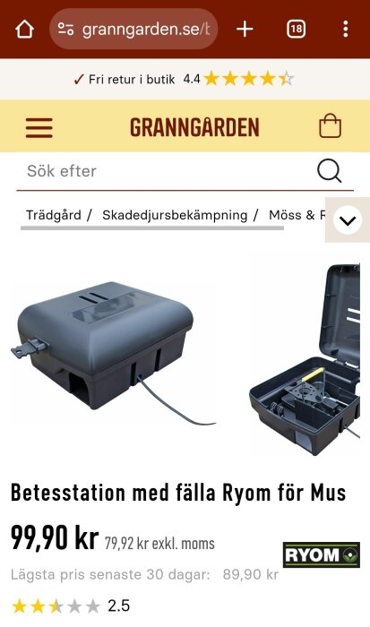 Betesstation med musfälla från Ryom, pris 99,90 kr. Bild visar stängd och öppen musfälla. En del av skadedjursbekämpning kategorin på Granngården.