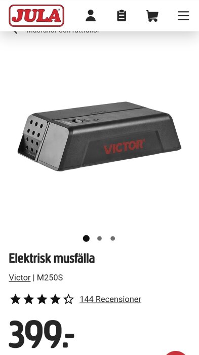 Svart Victor elektrisk musfälla modell M250S, pris 399 SEK, visad på butikens websida med recensioner och betyg.