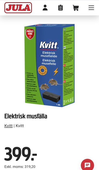 Förpackning av Kvitt elektrisk musfälla från Jula, visar illustrationer av möss och fällan, marknadsförd som en lösning för muskontroll. Pris 399 kr.