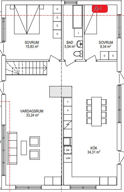 Planritning av sutteränghus med markerad placering för luftvärmepump i rött, tänkt för att kyla och värma övervåningen.