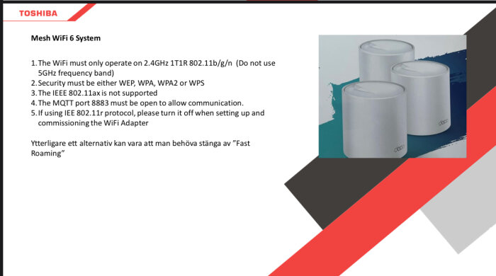 Bild av Toshiba Mesh WiFi 6 System med installationskrav. Visar tre vita mesh routrar och text om nätverksinställningar och säkerhet.