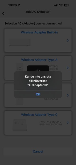 Felmeddelande på skärm: "Kunde inte ansluta till nätverket 'ACAdapter01'" när en adapter väljs i en app.