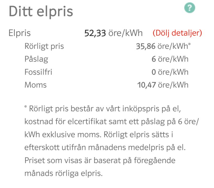 Elprisöversikt med rörligt pris 35,86 öre/kWh, påslag 6 öre/kWh, moms 10,47 öre/kWh. Totalpris 52,33 öre/kWh. Detaljerad elfaktura från GodEl.