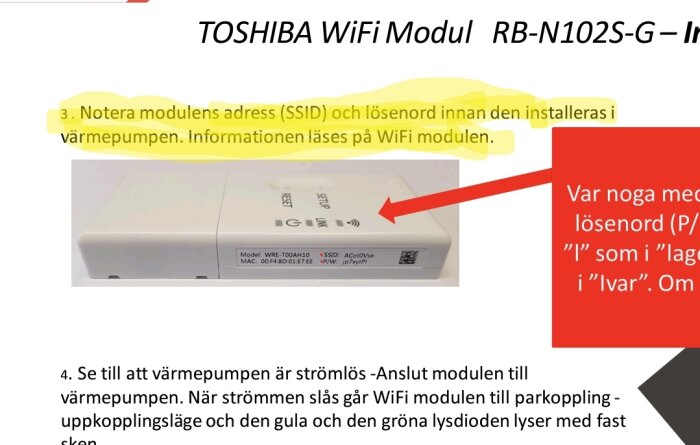 Toshiba WiFi-modul RB-N102S-G med detaljerade instruktioner för installation och anslutning till värmepump, inklusive SSID och lösenord.