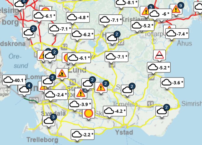 Väderkarta för södra Sverige med temperaturer och väderikoner; visar skillnader i temperatur från Skåne till Norrland.