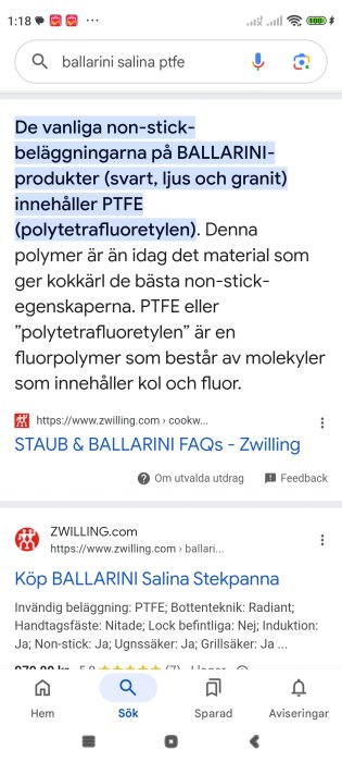 Resultat från en webbsökning efter "ballarini salina ptfe" med information om non-stick-beläggning på BALLARINI-produkter med PTFE.