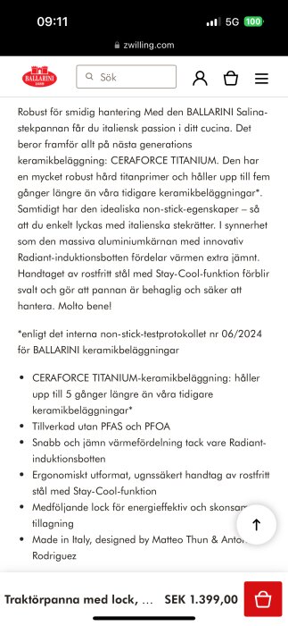 Skärmbild av produktbeskrivning för Ballarini Salina-stekpanna med CeraForce Titanium-beläggning, som betonar hållbarhet och jämn värmefördelning.