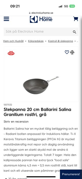 Grå stekpanna från Ballarini med Salina Ti-X Granitium keramisk beläggning, rostfri och anpassad för induktionshällar.