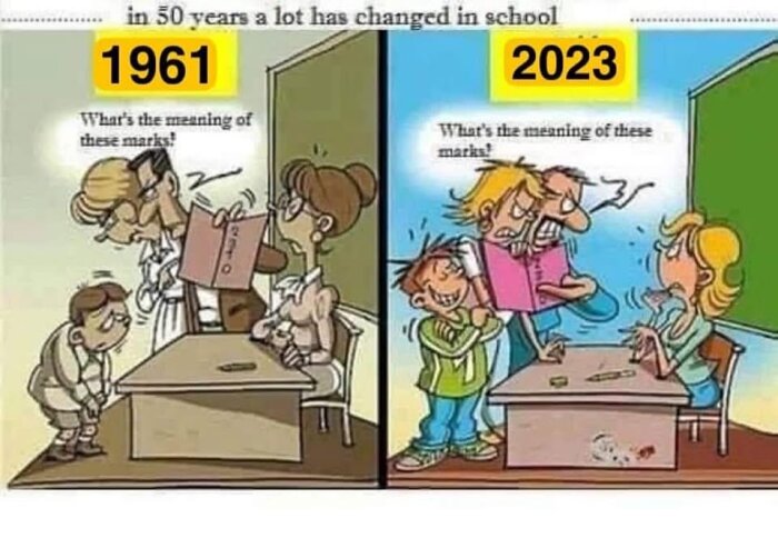 Tecknad jämförelse av skolvärlden, 1961 visar en barnlärare och förälder över betyg, 2023 visar ett barn som skrattar medan föräldrar är upprörda.