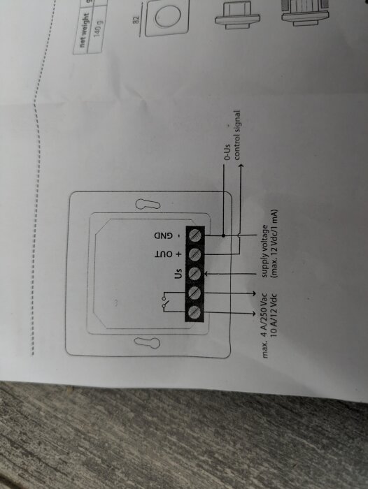 Kopplingsschema för Systemair KVK Silent 160 EC dimmer med 4-polig signalkabel och anslutningar märkta GND, OUT, US, OUT+.