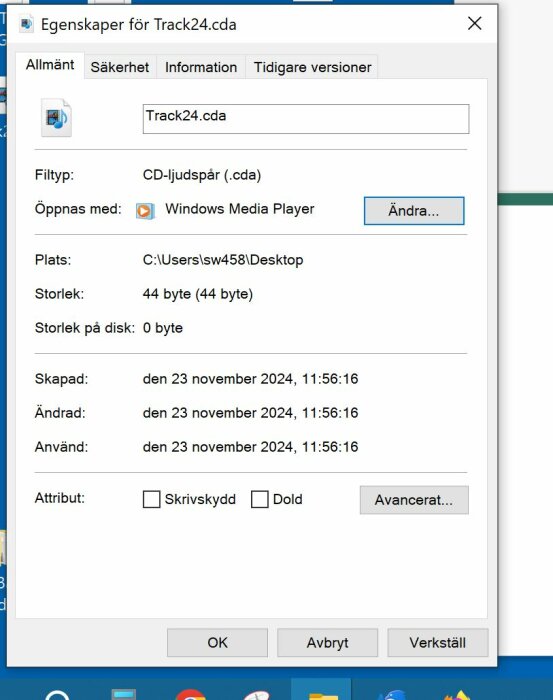 Egenskaper för .cda fil, öppnas med Windows Media Player, storlek 44 byte, skapad/ändrad/använd 23 nov 2024, attribut skrivrskydd och dold inaktiva.