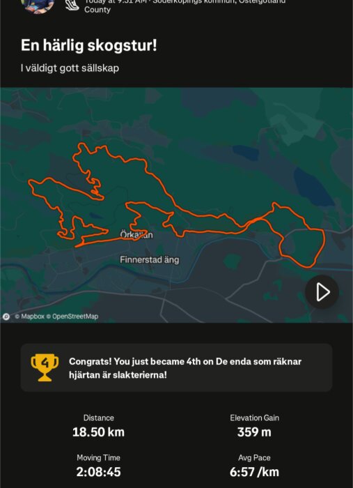 Karta över en skogstur med markerad rutt i Östergötland, Sverige. Sträckan är 18,5 km med 359 m höjdökning, snittfart 6:57 min/km.