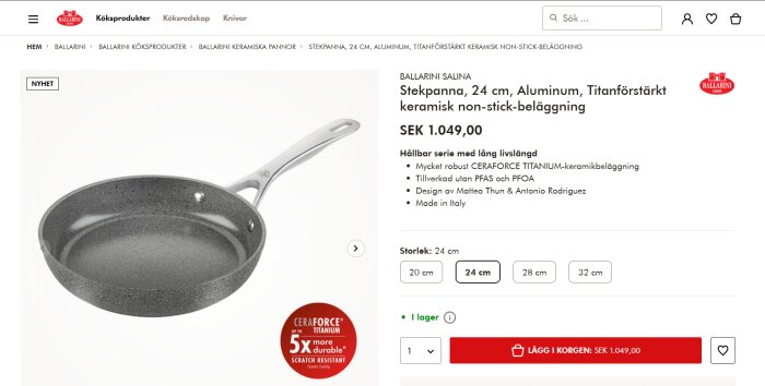 Ballarini Salina stekpanna, 24 cm, aluminium, med titan- och keramisk non-stick-beläggning, visad i produktbeskrivning på webbplats.