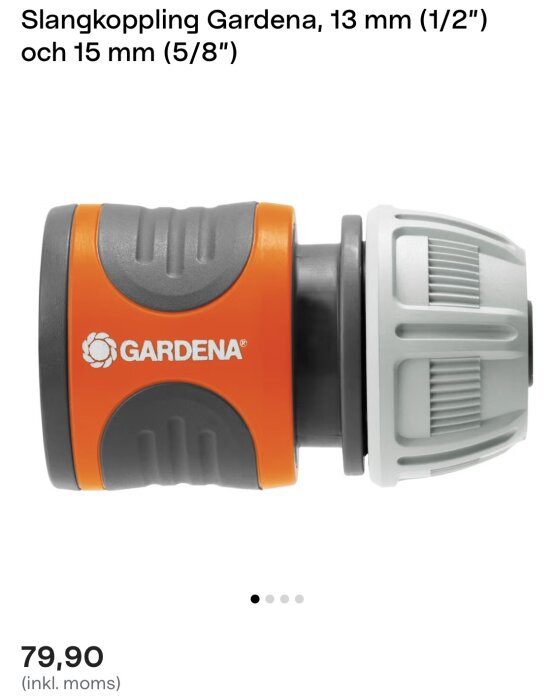 Gardena slangkoppling 13 mm till 15 mm i orange och grått, med pris 79,90 inkl. moms.