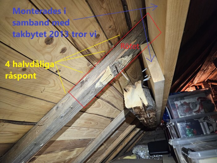 Gammal takbalk med synlig rötskada och märkt timmerticka, delvis ersatt i samband med ett takbyte 2013; råspont och förvaring synliga i bild.