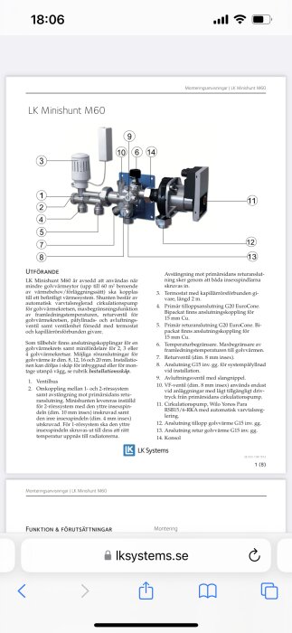 Schematisk bild av LK Minishunt M60 med numrerade komponenter, inklusive ventiler och cirkulationspump, från en manual på lksystems.se.