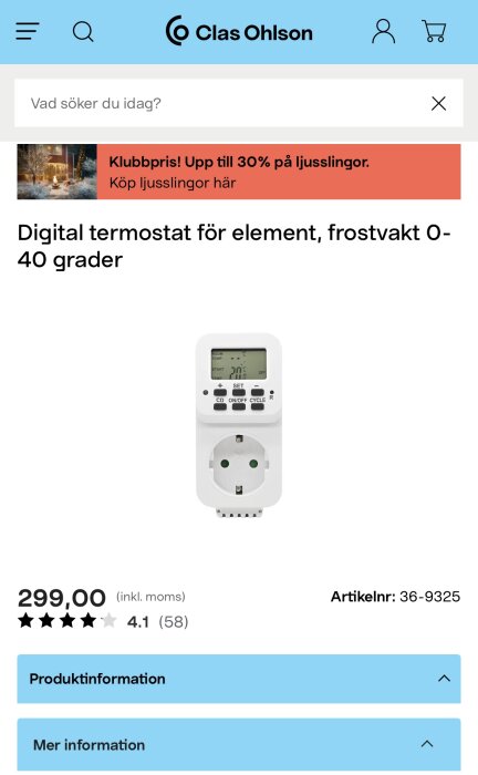 Digital termostat för element och frostvakt, temperaturintervall 0-40 grader, Clas Ohlson, artikelnummer 36-9325, pris 299 kr.