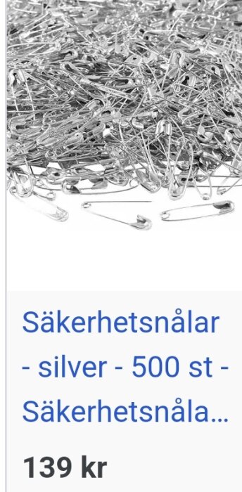 Silverfärgade säkerhetsnålar, säljes som skjortnål, 500 st för 139 kr.