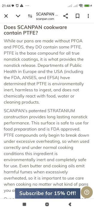 Smartphoneskärm som visar en webbsida med information om SCANPAN köksredskap och PTFE-halt samt en prenumerationsknapp för 15% rabatt.