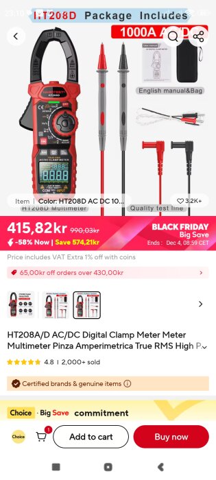 Digital multimeter HT208D med tillbehör som inkluderar testkablar och användarmanual, erbjudande under Black Friday.