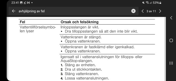 Felsökningstabellen visar orsaker och lösningar för lysande vattentillförselsymbol: kontrollera inloppsslang, öppna vattenkran och rensa sil.