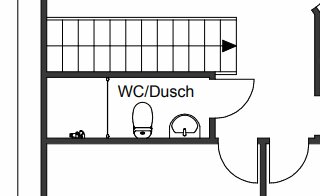 Planlösning över badrum med WC och dusch, samt dörr med tröskel. Översikt visar rumsindelning och trappans placering.