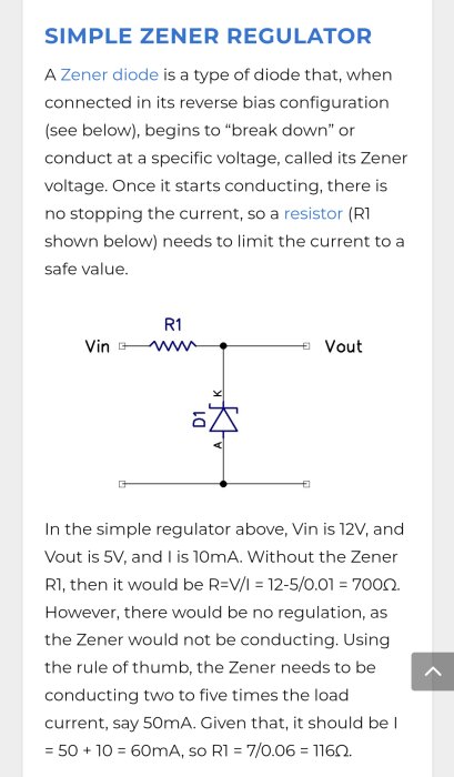 Diagram över en enkel zenerdiodregulator, med zenerdiod märkt D1 och resistor märkt R1, förklarar konceptet med spänningsbegränsning.