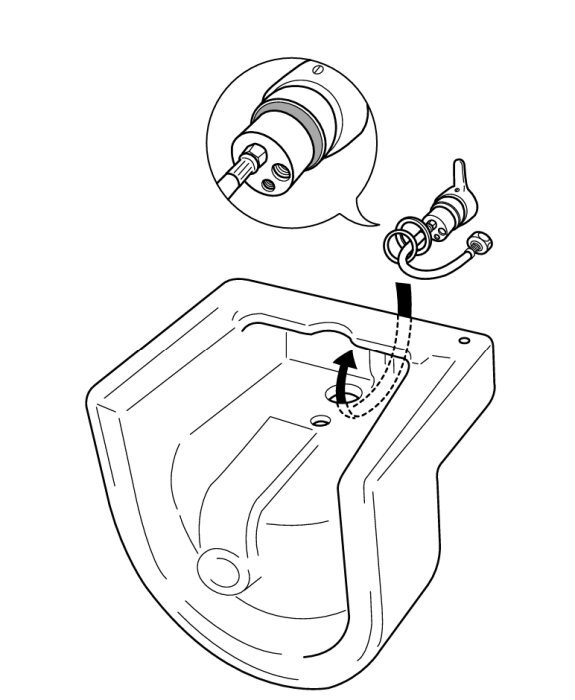 Illustration av en vaskinstallation med fokus på byte av blandarens patron, visad i detalj med en exploderad vy av komponenterna.