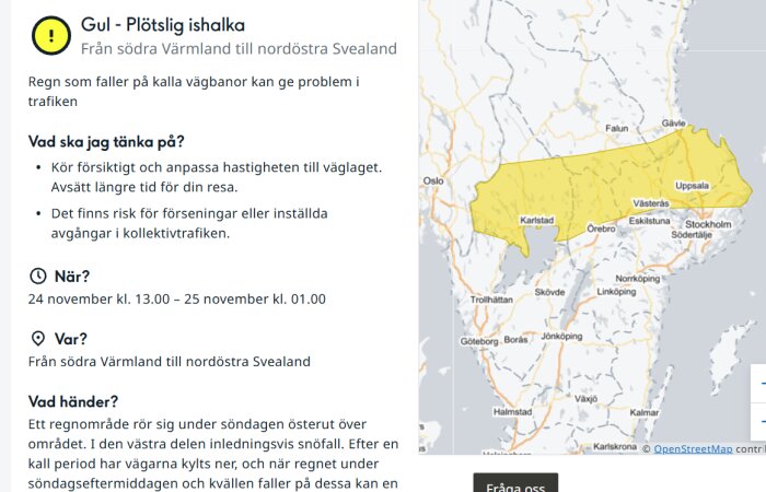 Karta över varningsområde för plötslig ishalka från södra Värmland till nordöstra Svealand mellan 24-25 november.