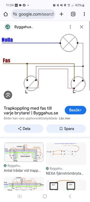 Diagram över trappkoppling med fas och nolla ansluten till två brytare, illustrerar ledningsdragning för elinstallationer.