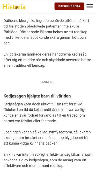 Text om användning av kedjesåg i historiska medicinska ingrepp för att underlätta förlossningar.