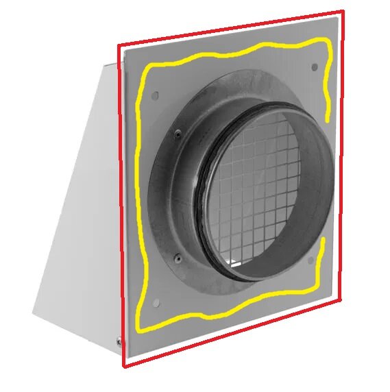 Ventilationskåpa med möjlig tätning vid röda och gula linjer, diskussion om bästa metod för tätning och val av fogmassa vid montering.