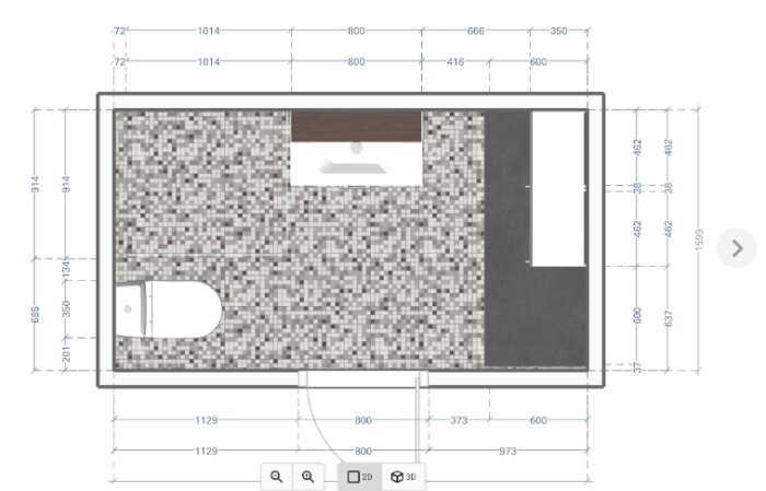 Planritning av ett badrum med toalett, handfat och bänk i ett utrymme på 300x160 cm, med måttangivelser och layoutdetaljer.