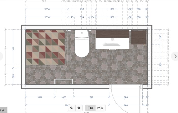 Planritning över nytt badrum med hexagonmönstrat golv, dusch, WC, och handfat i enplansvilla; mått anges i cm.