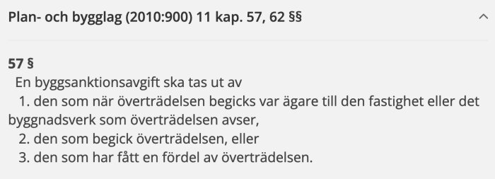 Utdrag ur plan- och bygglagen (PBL) 2010, kapitel 11, paragraf 57 om byggsanktionsavgifter och överträdelser.