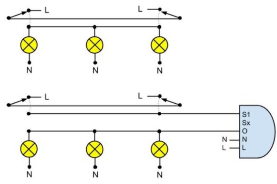 Kopplingsschema för belysningssystem; visar ledningar, brytare, och lampor med märkningar L och N. Plejd-motsvarighet i kontexten.
