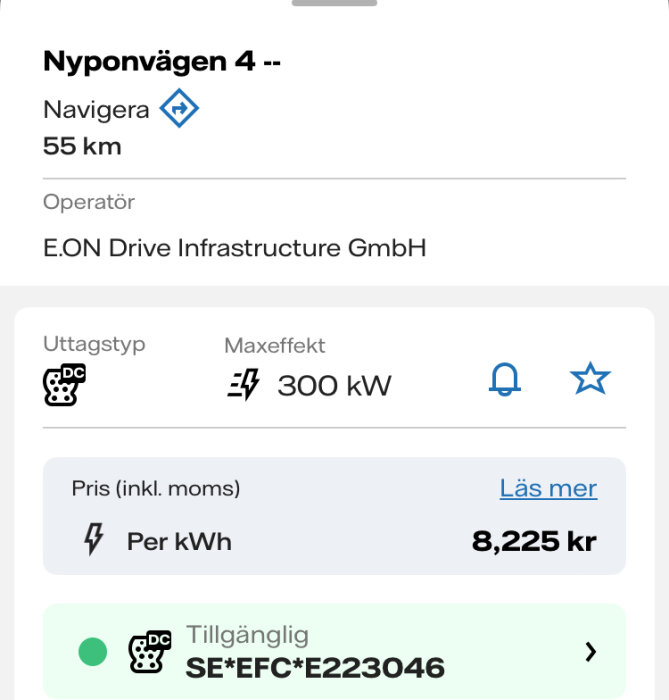 Skärmdump av laddstationens information med adress, operatör, maxeffekt 300 kW och pris 8,225 kr per kWh vid snabbladdning.