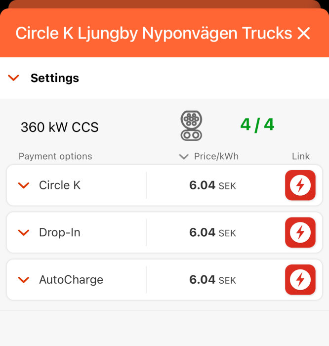 Prislista för Circle K Laddstation på Nyponvägen Trucks: 360 kW CCS, kostnad 6.04 SEK/kWh med olika betalningsalternativ.