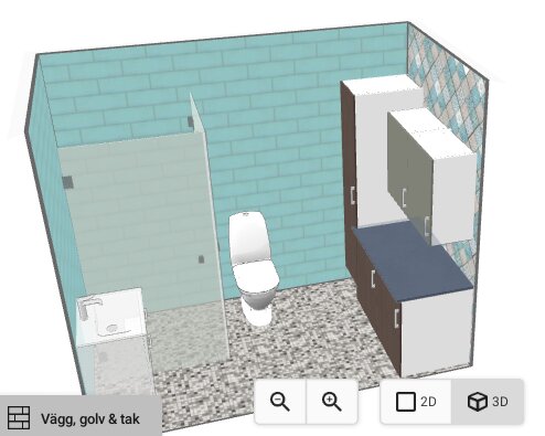 Design av ett badrum med duschdörr invikt, handfat till vänster, toalett centralt och förvaring till höger, allt i ljusa färger.