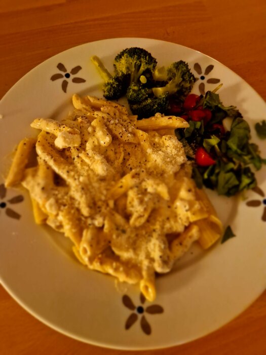 Ofokuserad bild på penne pasta med lövbiff i vitlökssås, serverad med broccoli och gröna blad på en blommönstrad tallrik.