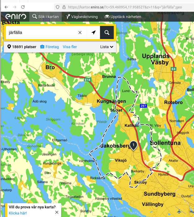 Karta över Järfälla i Eniro, visar områdesgränser och närliggande platser som Kungsängen, Bro och Sollentuna.