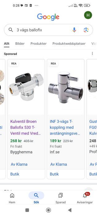 Trevägsventiler med avstängningsvred, varianter från Broen Ballofix och INF, visas i sökresultat.