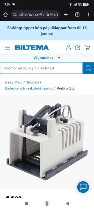 Musfälla med giljotinliknande mekanism från Biltema, designad för effektiv skadedjursbekämpning.