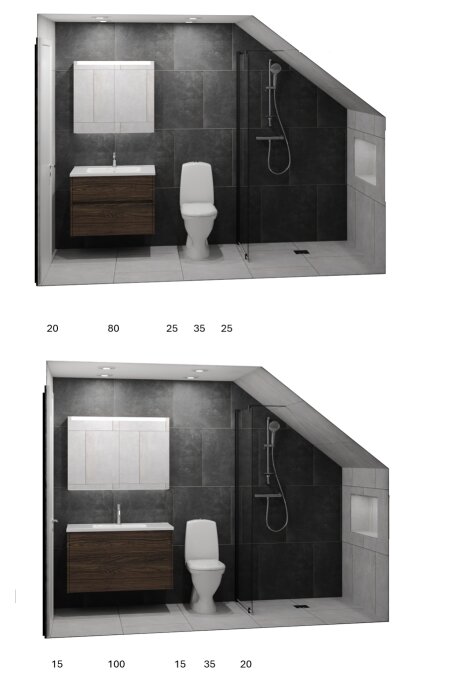 Alternativa badrumsdesigner med duschvägg, kommod och WC-stol; Alt 1 med 20cm-80cm fördelning, Alt 2 med 15cm-100cm fördelning.