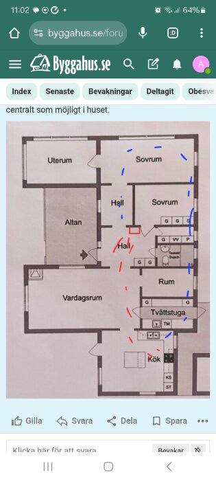 Planlösning som visar värmepumpens placering och cirkulationsflöde för luft i huset markerat med röda och blå pilspår genom olika rum.